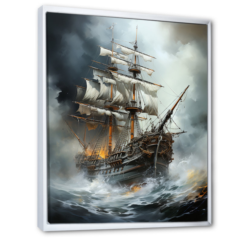 «Stormy Seas Corsairs Pirate Ghost Ship» sur toile, Cadre flottant blanc, H 20 po x l 12 po x P 1 po