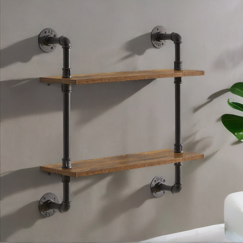 Wrightstown 2 Piece Floating Shelf Industrial Rustic Brown Pipe Home Furniture