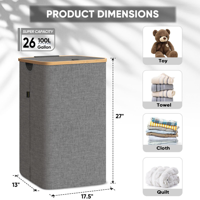 Laundry Hamper With Lid, Tall Laundry Baskets With Bamboo Pull Handles, Large Laundry Bin