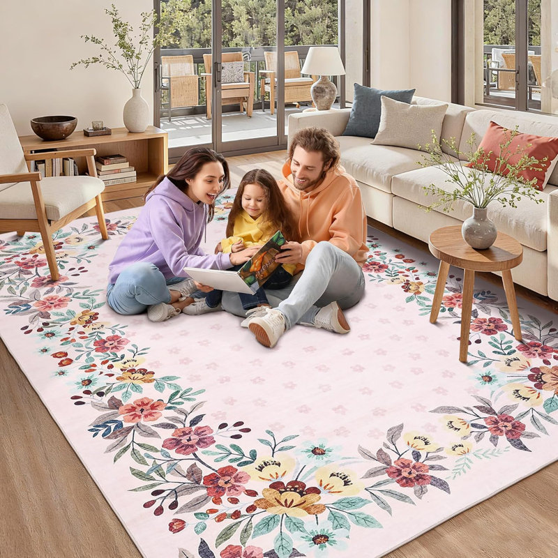Floral Area Rug, Washable Non Slip Low Pile Rug for Bedroom Living Room, Rectangle 4' x 6', Pink