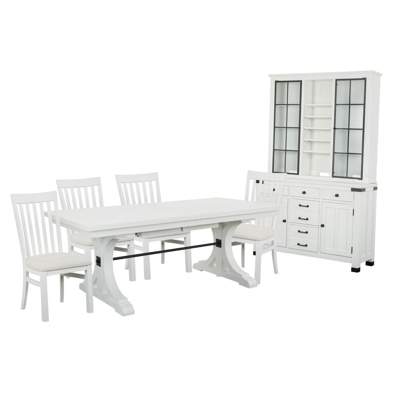Extendable Trestle Dining Table With 4 Upholstered Side Chairs Server And Hutch
