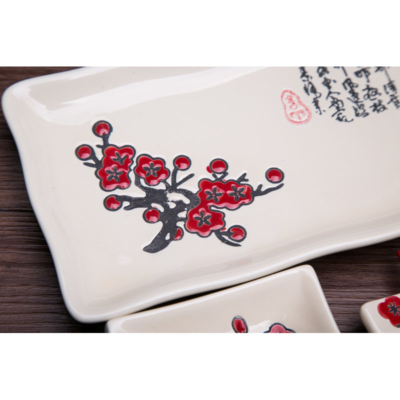 4 Pcs Japanese Sushi Plate Dinnerware Set With Plum Blossom Design - White, White