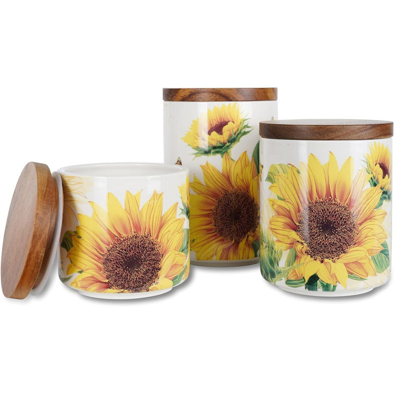Ensemble de 3 pots en céramique tournesol avec couvercles en bambou