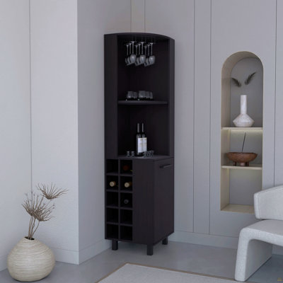 Kaia Corner Bar Cabinet With Four Shelves, Ten Wine Bottle Cubbies And Stemware, Black