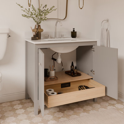 Meuble-lavabo simple 36 po Scalloped - gris clair - avec plateau - boutons en nickel brossé