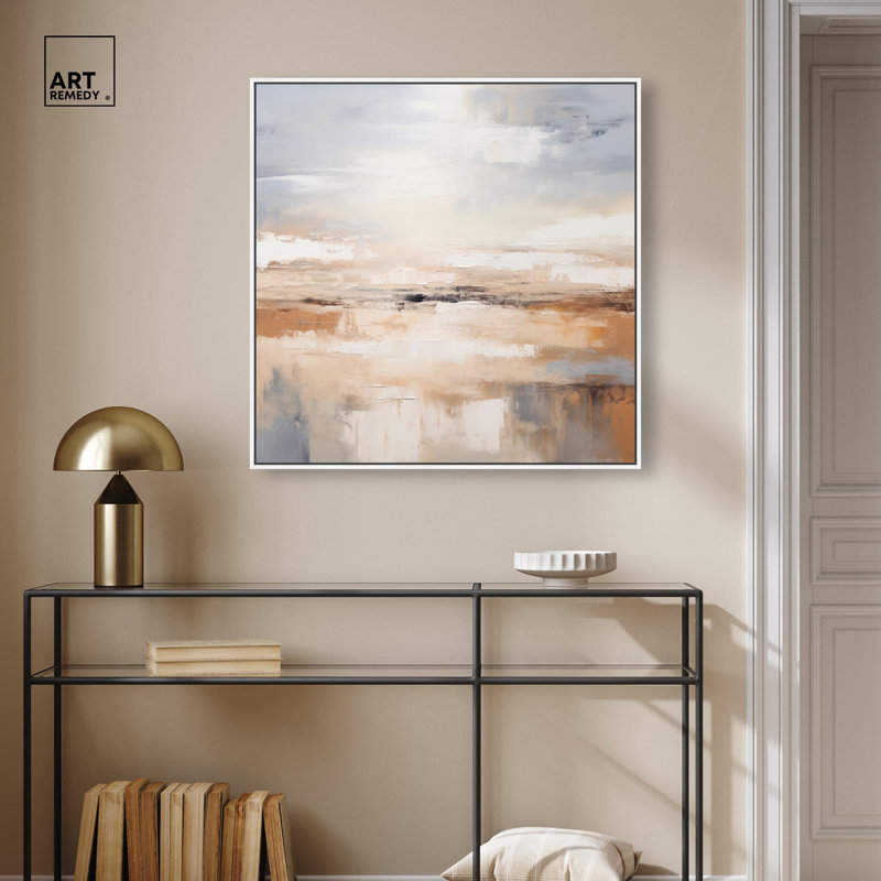 "Coastal Calm", art abstrait neutre par , H 31 po x l 31 po, Cadre flottant blanc