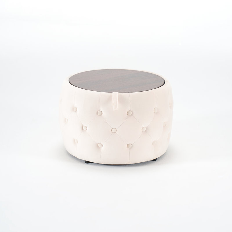 41 Function Round Storage Foot Stool, 2 Luxurious Velvet Nesting Ottomans, Beige, No Assembly, 22.75" Size, Space, Modern Style, With Wood Tray, Heavy Duty , Medium-Firm Seat, Hidden
