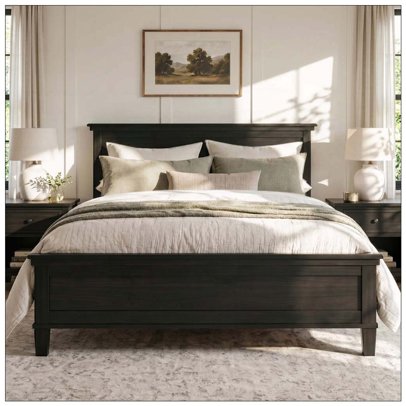 Lit plateforme moderne en bois, cadre de lit de style campagnard avec tête de lit et support à lattes de bois, aucun sommier nécessaire