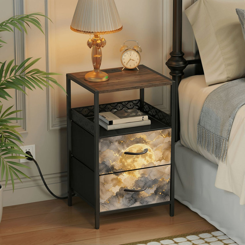 Table de chevet 2 tiroirs avec station de charge, table de chevet avec ports USB et amp; Outlets, tablette ouverte noire, table de chevet avec impression abstraite d'accents métalliques de Golden Cloud