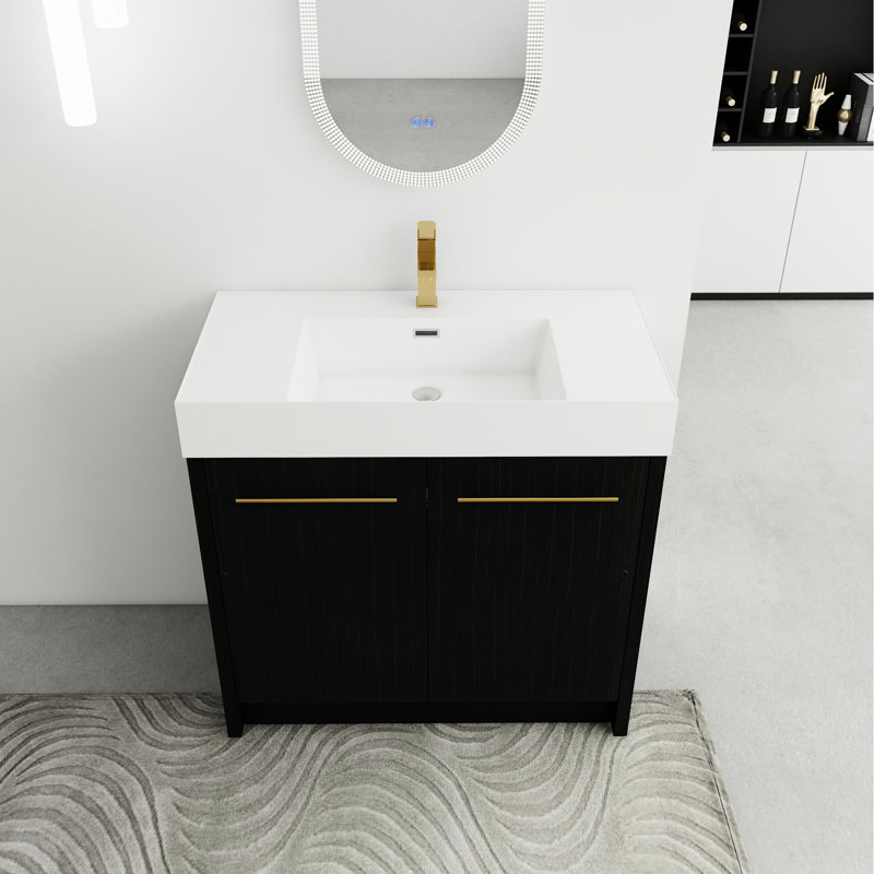Meuble-lavabo de 36 po en châtaignier noir avec lavabo en résine et porte à fermeture en douceur