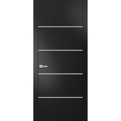 Porte intérieure moderne pleine prémontée avec poignée Planum 0210 Noir mat Panneau simple Cadre moulures robustes pour salle de bain et chambre à coucher - 42 po x 96 po