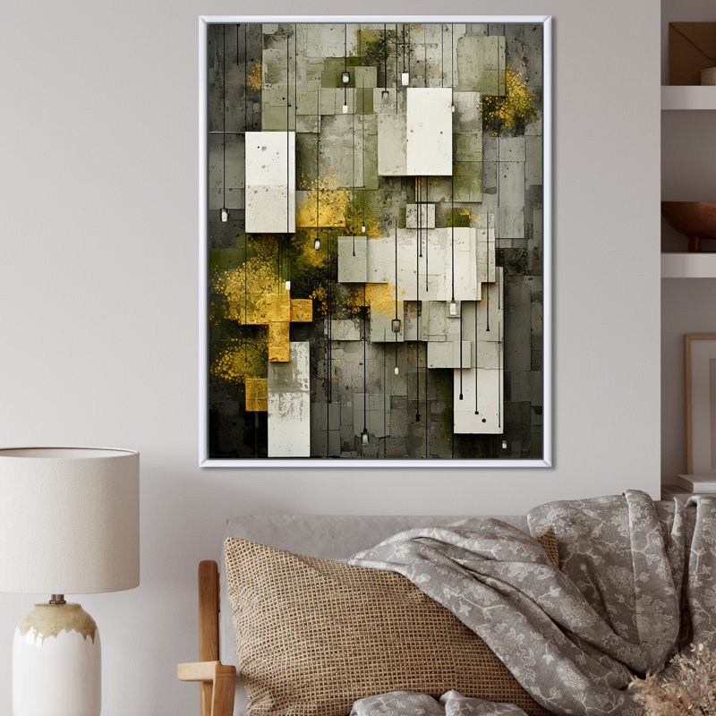 Abstrait géométrique en gris et jaune - impressions d'art géométriques modernes, Cadre flottant blanc