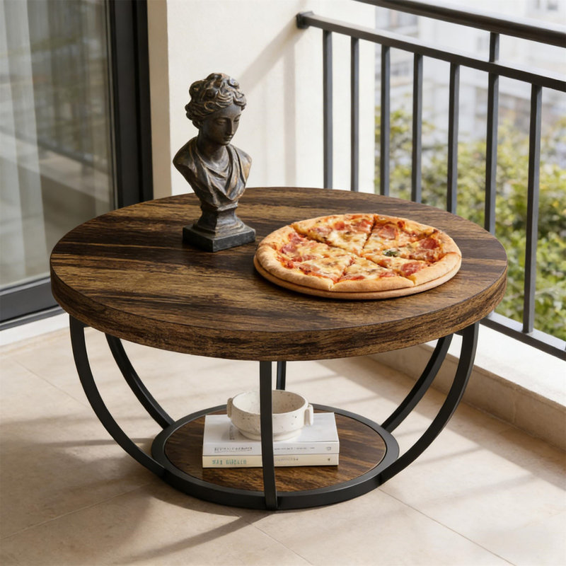 Table ronde à 2 niveaux (table basse incluse), Brun rustique