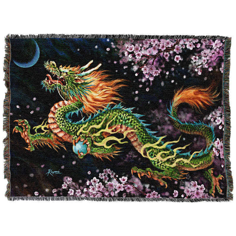 Dragon Spirit Cotton Woven Throw Blanket with Cherry Blossoms