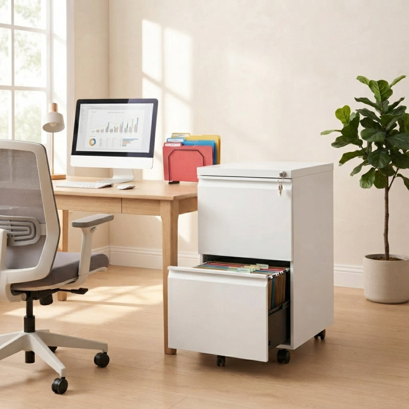 25.8'' H x 14.6'' W 2-Drawer Mobile File Cabinet with Lock, Rolling Metal Filing Cabinet on 5 Casters, Fully Assembled for Home Office Letter & Legal Size Files, White