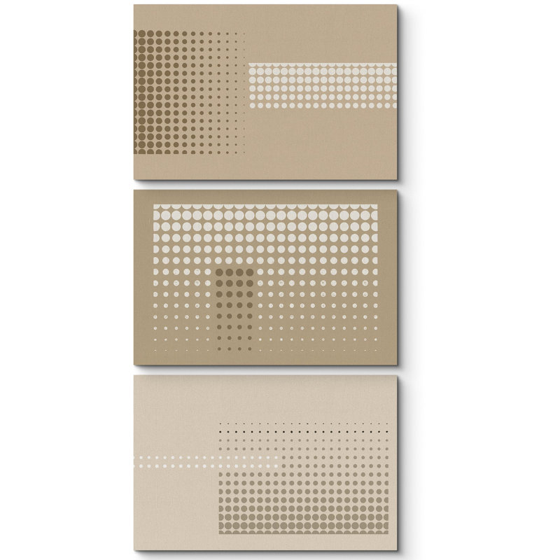 Geometric Line " Modern Beige And Tan Dot Gradient Abstract Geometric " 3 - Pieces, 24" H x 36" W, Wrapped Canvas