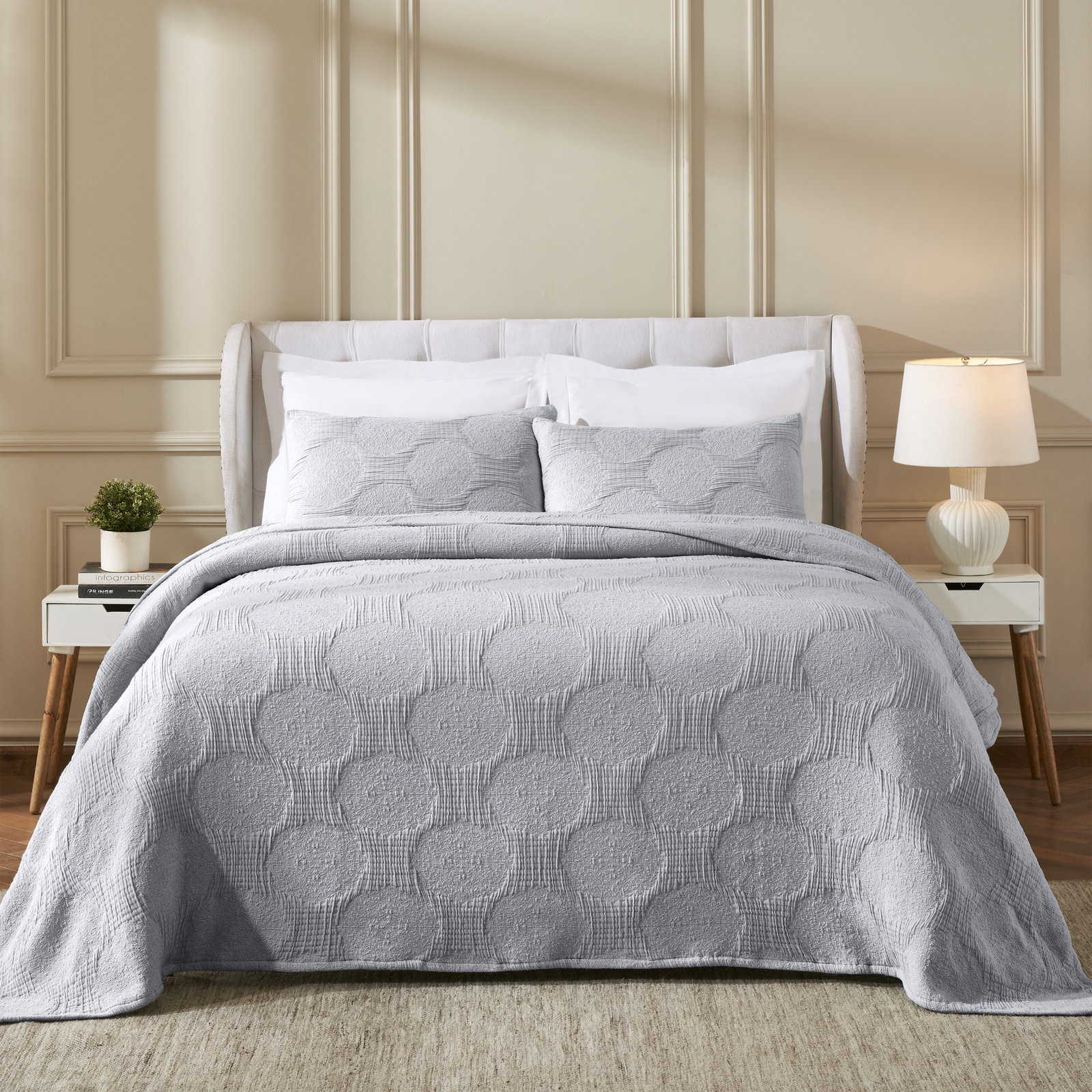 Tanta Cotton Medium Weight Textured Modern Circles Woven Coverlet, Denim Blue, Queen Coverlet