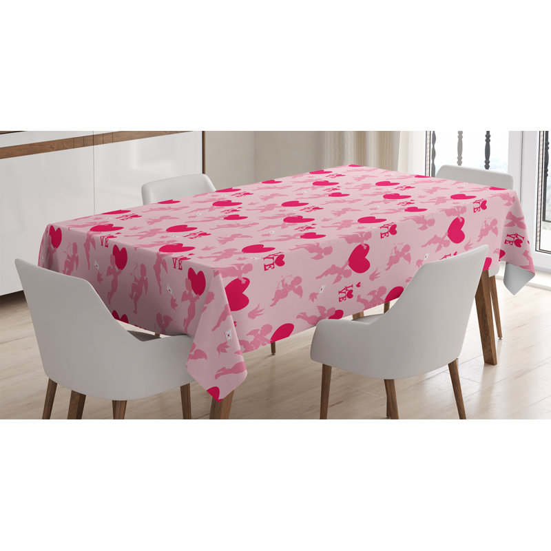 Ambesonne Love Tablecloth, Pattern With Silhouettes Of Angel Heart Bird And Calligraphic Text Love Artwork Print, Rectangular Table Cover For Dining Room Kitchen Decor, 60" X 84", Rose Pink