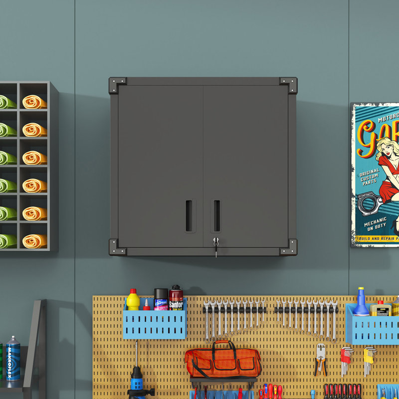 Armoire de rangement murale en métal avec porte verrouillable et 1 tablette 1 tiroir ouvert pour garage, entrepôt, assemblage requis