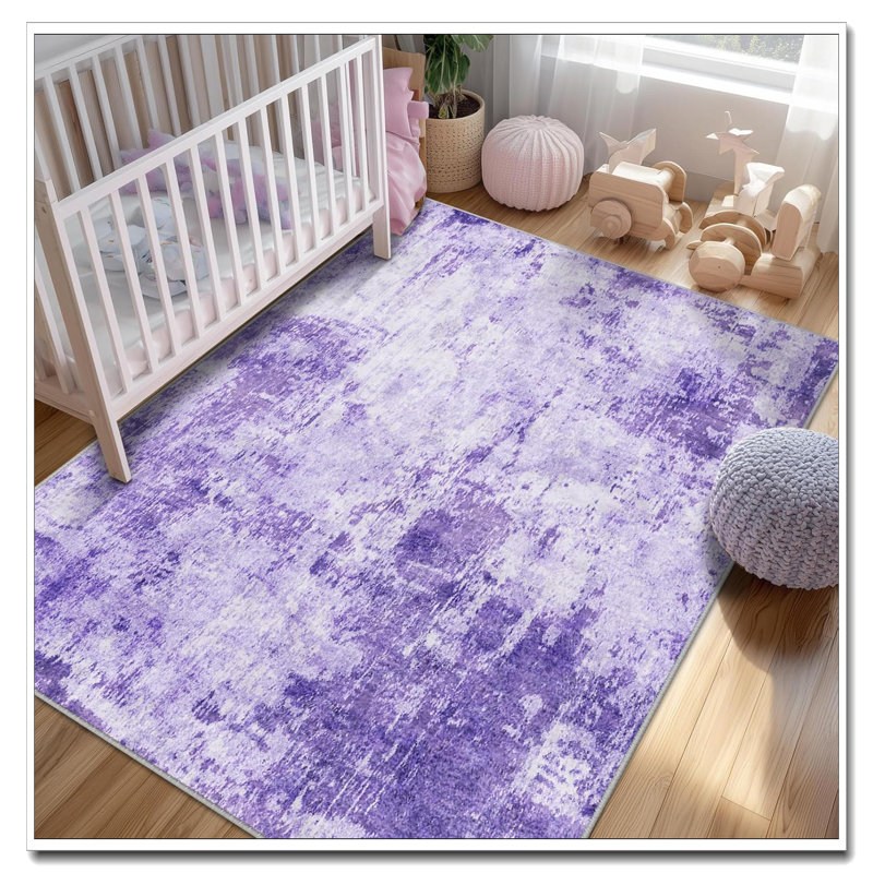 Washable 8'X10' Non-Slip Area Rug - Soft Modern Abstract Print Rug For Living Room Entryway Bedroom Nursery, Purple Gray Pink White