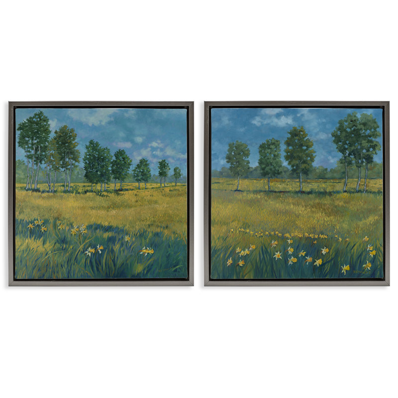 «Daffodil Tree Lined Field», ensemble de 2 toiles flottantes encadrées par Graham Reynolds, Cadre flottant gris lustré