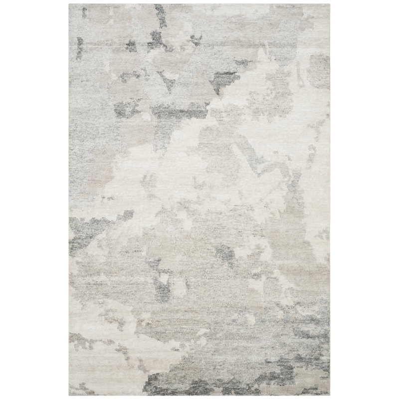 Tapis tibétain abstrait en viscose / coton noué à la main en argent, Rectangle 10 pi x 14 pi