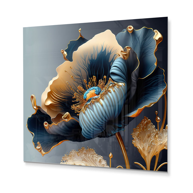 «Offerman Deep Blue and Gold Single Flower III», impression de fleur bleue sur métal, H 29 po x l 29 po x P 1 po