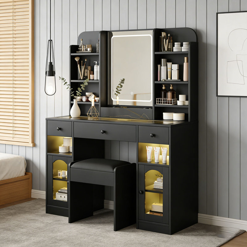 43.2" Vanity Desk with LED Mirror and Lights, Glass Top Vanity with RGB Glass Light Cabinets, Dressing Table with 3 Drawers ,Storage Shelves and Stool for Bedroom
