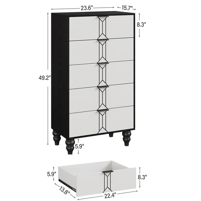 Commode haute 5 tiroirs en bois, Blanc