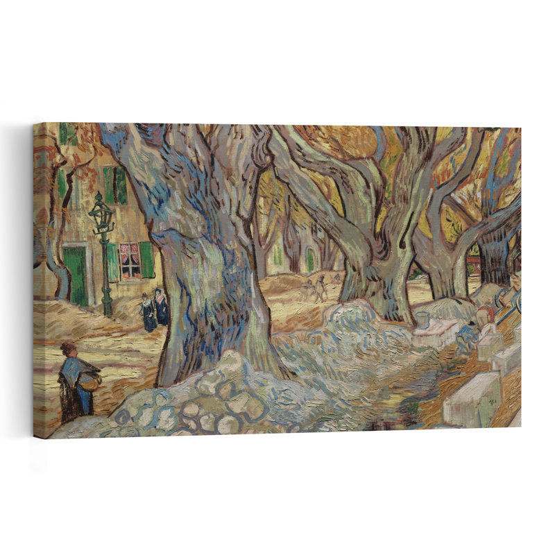 The Large Plane Trees, Or Road Menders At Saint-Rémy, 1889 Contemporary Autumn Wall Art Print 1 Piece Wrapped Canvas Wall Art