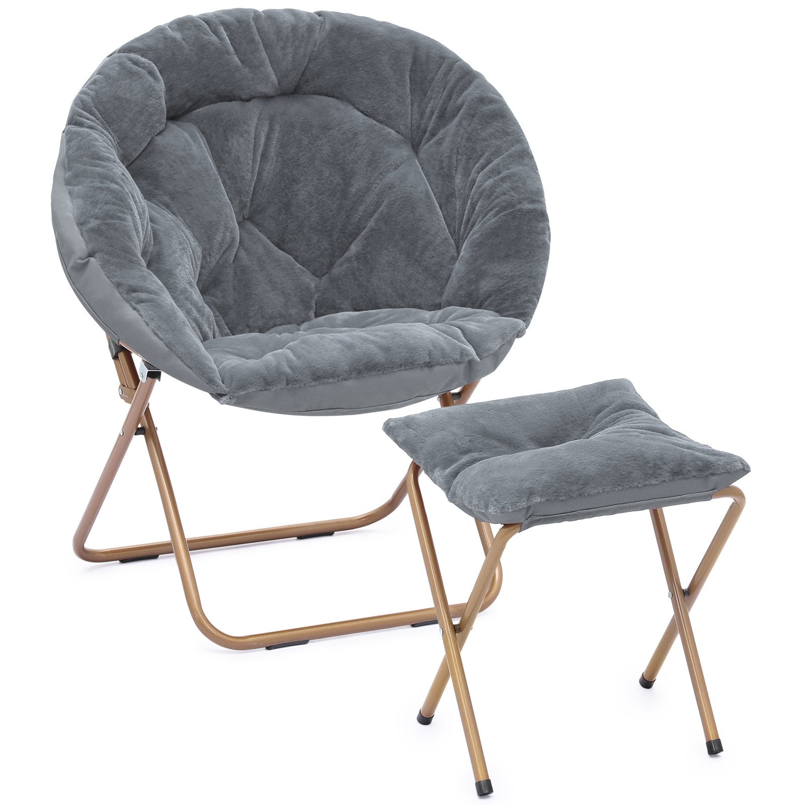 Marqueen Folding Saucer Chairs with Ottoman, Portable Moon Chair Accent Chair with Footrest Mercer41 Fabric: Gray Synthetic Fur