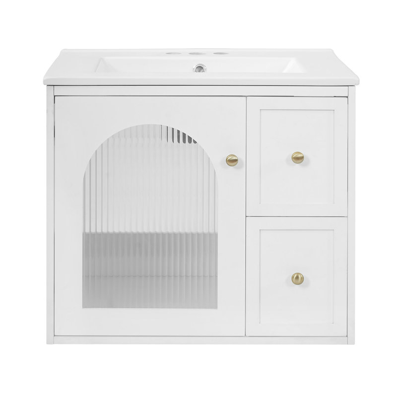 Ensemble de meuble-lavabo mural 24 po pour petit espace, armoire de salle de bain avec lavabo en céramique, 2 tiroirs et 1 porte à fermeture en douceur
