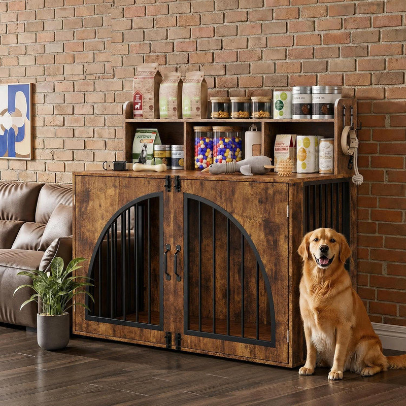 Cage pour chien de 119 cm (47 pouces) avec tablette de rangement ouverte et deux crochets latéraux, structure robuste en fer et bois, table d'appoint pour grands chiens
