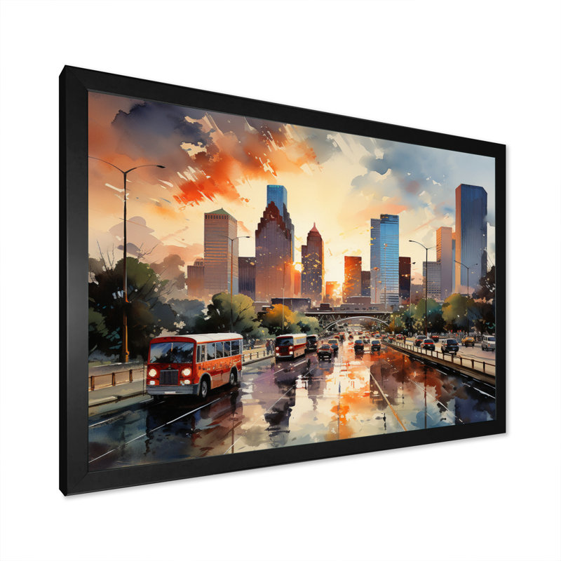 Houston City Horizons I sur impression sur toile, H 16 po x l 32 po x P 1 po, Cadre photo noir