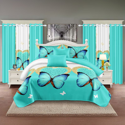 Ensemble de literie et de rideaux 9 pièces, couvre-lit matelassé papillon bleu sarcelle avec 6 panneaux de fenêtre assortis et 2 taies décoratives, couvre-lit léger en microfibre, sans animaux et infroissable