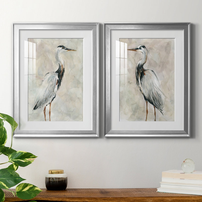 Crane at Dusk I - ensemble de 2 reproductions, Papier avec cadre érable, H 18,5 po x l 49 po, Argent argent