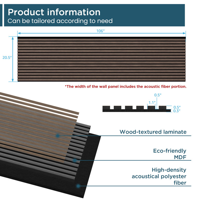 2pcs x "106 x 20.5" 3D Acoustic/Soundproof Wood Slat Wall Panels (set of 2/30.2 sq. ft.), Walnut JK