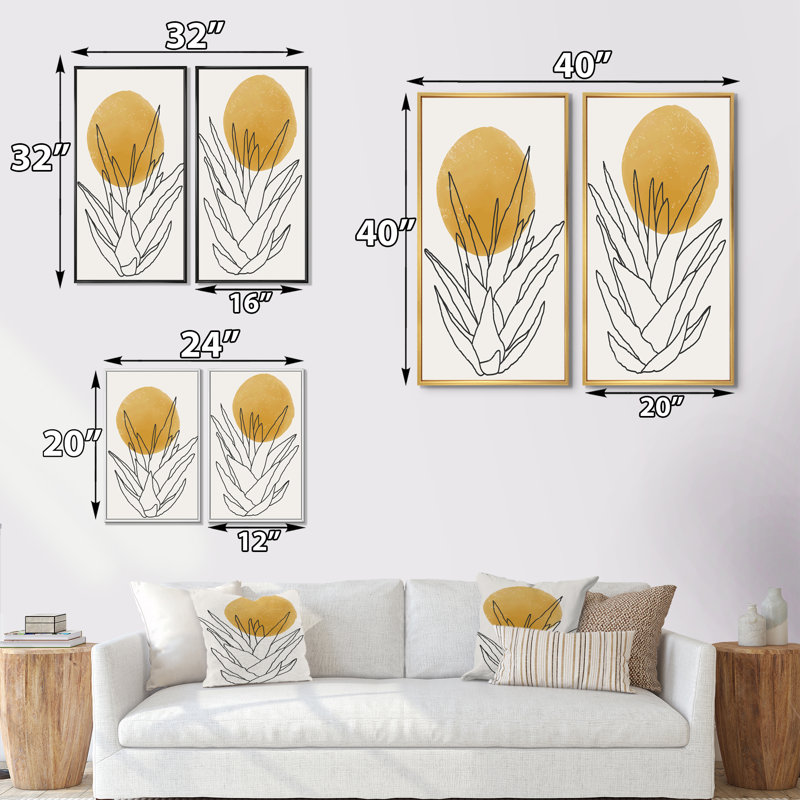 «Yellow Botanical Abstract Leaves II», ensemble de 2 peintures, H 20 po x l 24 po x P 1 po, Cadre noir