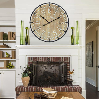 24" Silent Farmhouse Wall Clock, Whitewashed Wood Arabic Numeral Clock with Iron Frame