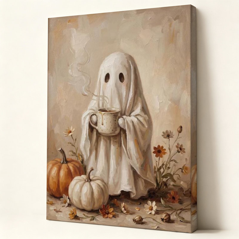 Fantôme avec une tasse fumante et des citrouilles, tableau impressionniste à l'huile sur toile tendue sur châssis, 61 cm x 91 cm, prêt à accrocher.