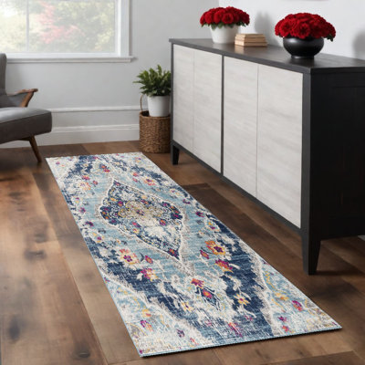 Tapis rond lavable antidérapant bleu et beige 8 pi