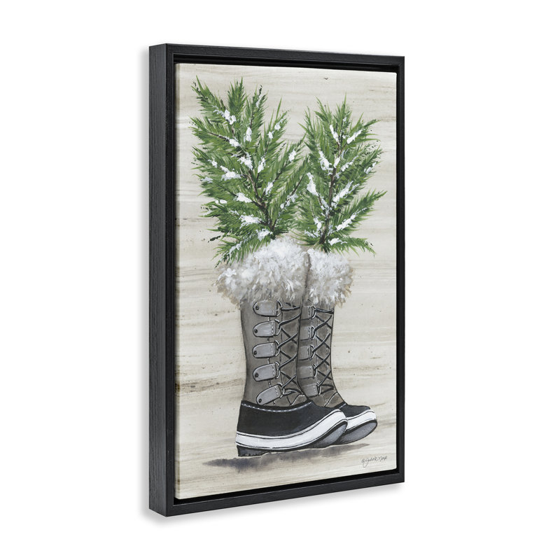 Toile flottante encadrée "Winter Sprig in bottes" par Julie Norkus, H 25 po x l 17 po, Cadre flottant noir de jais