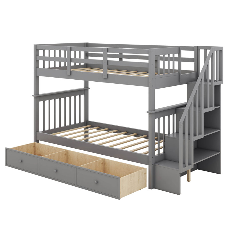 Twin Over Twin Bunk Bed With Stairs And 3 Storage Drawers, Wood Bunk Bed With Storage, No Box Spring Needed, Gray