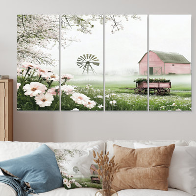Paysage de ferme dans des tons roses et verts II - ensemble d'art mural de ferme