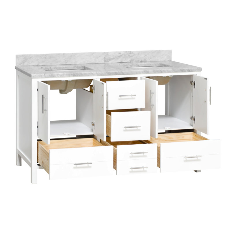 Ensemble de meuble-lavabo double 60 po Kiara, Blanc, Marbre de Carrare