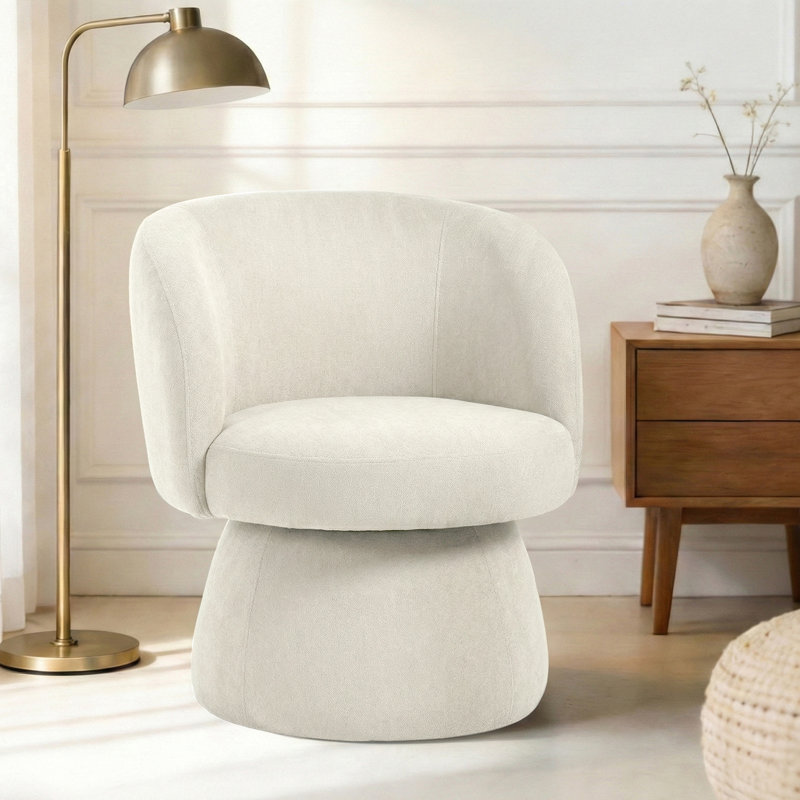 28"W Modern Upholstered Vanity Stool with Wingback Swivel Barrel Accent Chair, Beige