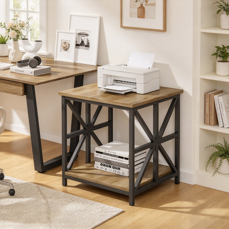 Table d'appoint de style champêtre, table d'appoint carrée à 2 niveaux avec tablette de rangement, table de chevet industrielle avec structure métallique en forme de X, table d'appoint rustique pour salon ou chambre.