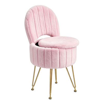 Pink Round Vanity Stool w/ Backrest & Hidden Storage, Foldable Faux Fur Makeup Chair w/ Memory Foam Seat & Gold Metal Frame, Large