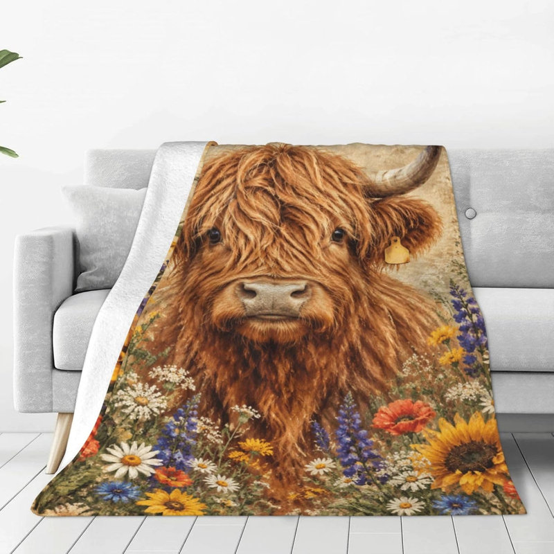 Couverture en flanelle douce et moelleuse à motif de vaches fleuries, 152 x 203 cm, 60 po x 80 po