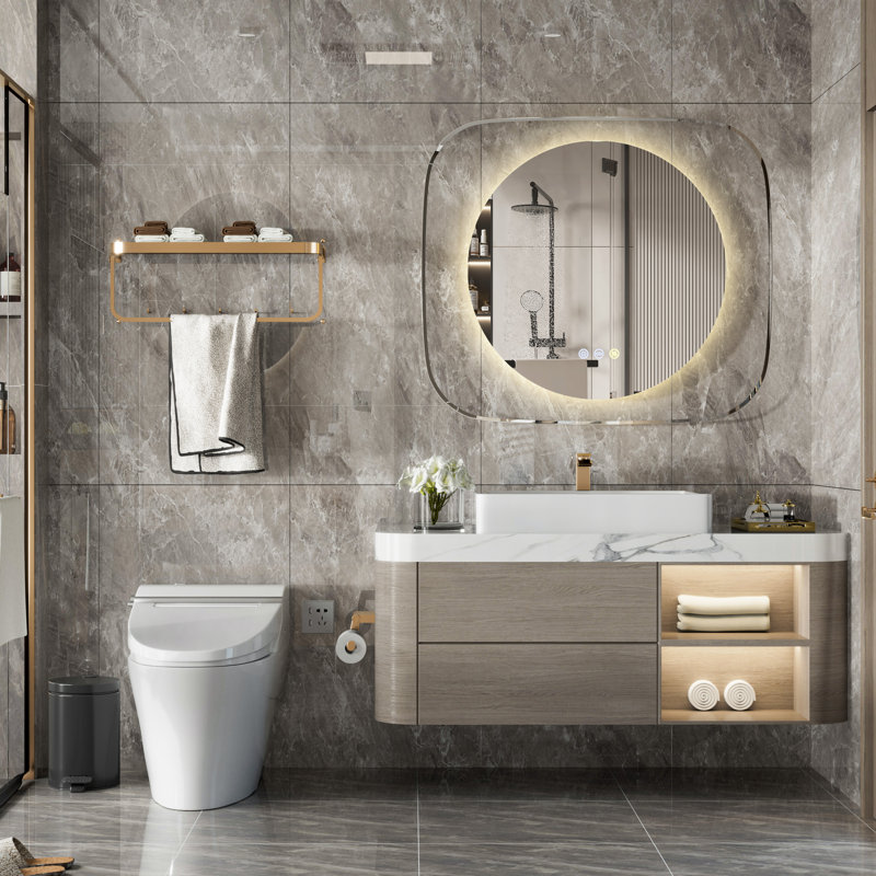Stylish Stone Border Irregular Led Wall Mirror Bathroom Vanity Mirror With Blaklit 3 Color Temperature Lights Anit-Fog Dimmable, 3 Touch Sensor Switch